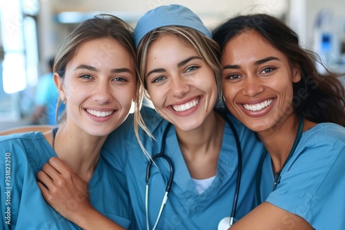 A trio of joyful female nurses in uniform, with a friendly demeanor, suggesting a welcoming healthcare setting