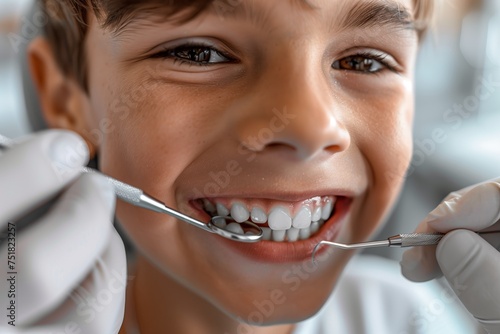 Dentist perform medical examination of a kid s teeth. Boy is looking happy  he is not afraid or not suffer pain. Mock up portrait for clinics. 