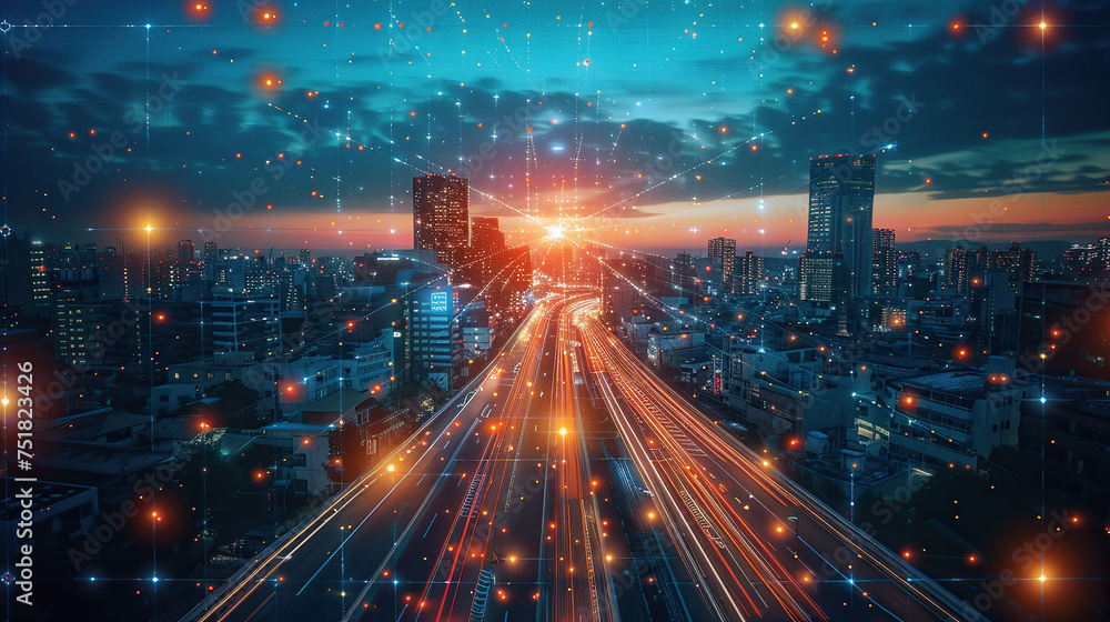 Smart city and internet of things, wireless communication network, Network and Connection technology concept , big data connection technology concept .