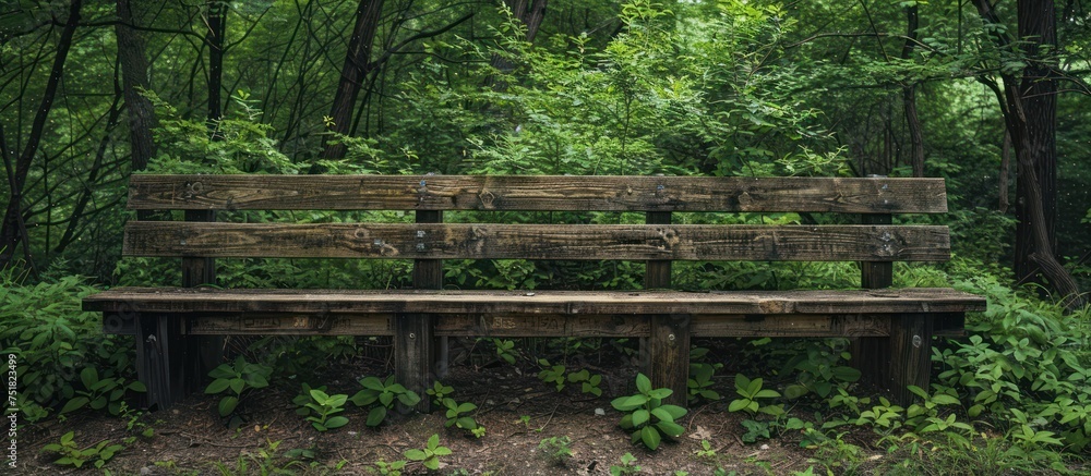 A weathered wooden bench stands amidst the lush greenery of a forest, surrounded by towering trees and chirping birds. A weathered wooden bench stands amidst the lush greenery of a forest, surrounded by towering trees and chirping birds.
