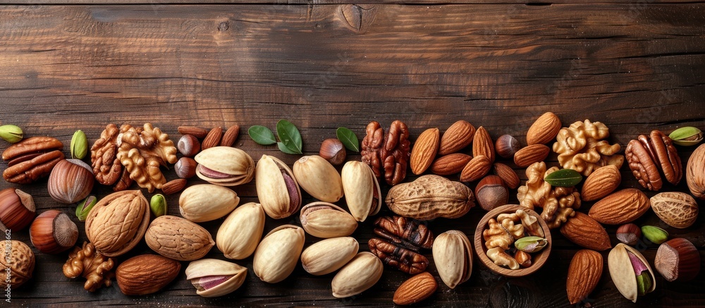 Various nuts like almonds, walnuts, and pecans arranged on a rustic wooden tabletop. Various nuts like almonds, walnuts, and pecans arranged on a rustic wooden tabletop.