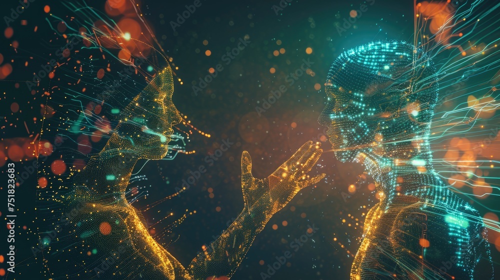 merging into the other by two AI entities approaching each other with open, welcoming gestures, one gradually becoming translucent and merging with the other merging into the other by two AI entities approaching each other with open, welcoming gestures, one gradually becoming translucent and merging with the other