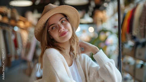 Casual chic woman trying on hats in a boutique shop. trendy fashion and style. accessory shopping. natural lighting and modern lifestyle. AI