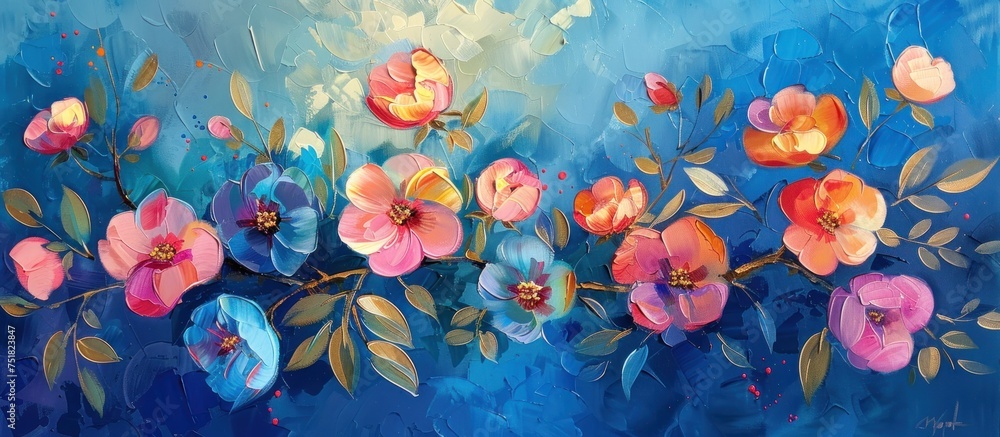 An oil painting featuring abstract flowers and branches on a blue background. An oil painting featuring abstract flowers and branches on a blue background.