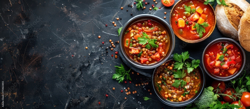 A table covered with bowls of soup and slices of bread, showcasing a warm and inviting meal setup.