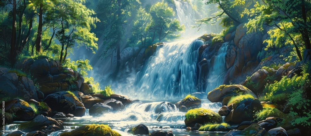 A painting featuring a powerful waterfall cascading through a lush forest with tall trees and dense foliage. A painting featuring a powerful waterfall cascading through a lush forest with tall trees and dense foliage.
