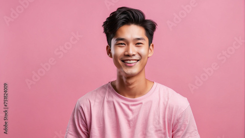 Smile cheerful Asian young man isolated on pink background