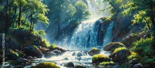 A painting featuring a powerful waterfall cascading through a lush forest with tall trees and dense foliage.