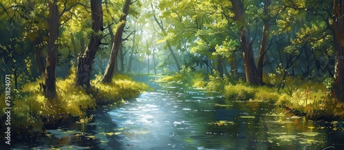 A painting showcasing a winding river flowing through a dense forest, capturing the serene beauty of natures waterways and lush greenery. © FryArt Studio