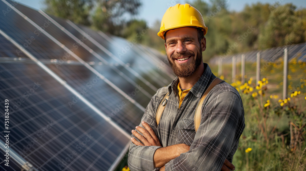 Solar engineer in hard hat stands proud by solar farm, symbolizing eco-friendly innovation. Commitment to renewable sources and clean energy captured. Solar impact. Solar engineer in hard hat stands proud by solar farm, symbolizing eco-friendly innovation. Commitment to renewable sources and clean energy captured. Solar impact.