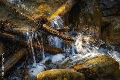 Waterfalls at Chittenango Falls State Park.  Still winter but the Weather was perfect for a hike on the trails through the woods.  Logs stuck on rocks. photo