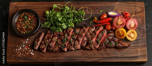 A modern wooden cutting board topped with a juicy steak and fresh, colorful veggies like tomatoes, bell peppers, and zucchinis.