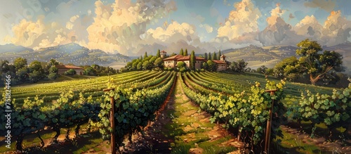 A painting of a vineyard with rows of green vines under a cloudy sky. photo