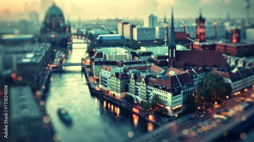Tilt-shift photography of the Berlin. Top view of the city in postcard style. Miniature houses, streets and buildings photo