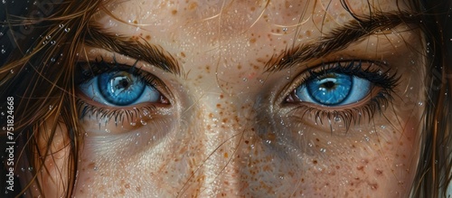 A detailed view of a womans face highlighting her intense blue eyes.