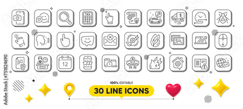 Cash transit, Phone photo and Sales diagram line icons pack. 3d design elements. Presentation time, Photo album, Research web icon. Fire energy, Touchscreen gesture, Cursor pictogram. Vector