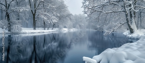 A winter scene showing a river flowing through a snowy landscape surrounded by trees along the River Salaca. photo