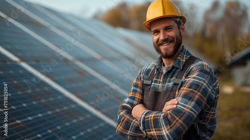 Solar specialist poses with solar array, showcasing dedication to renewable energy solutions. Expertise in green technology and sustainability emphasized. Solar vision.