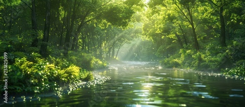 A river flows through a dense, green forest, surrounded by vibrant foliage and tall trees.