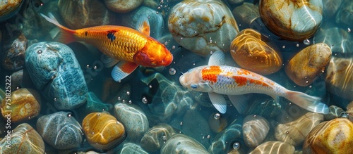 A group of fish gracefully navigating through a pool filled with shimmering stones.