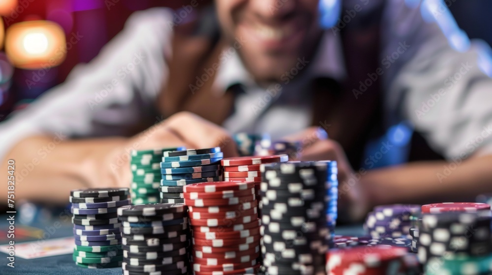 Poker chips stack on casino table with gambler hands in motion