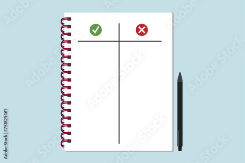 Pros and cons list on spiral notebook. Comparison of good and bad in decision making process. Flat vector graphic illustration. 