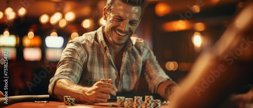 Jubilant man celebrating a win at the casino with chips on table