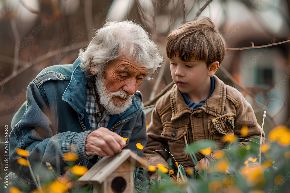 Grandfather and grandson building a bird house in the garden on a spring morning
