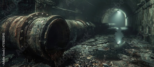 A weathered large barrel stands in the center of a dark tunnel, surrounded by concrete walls and dim lighting.