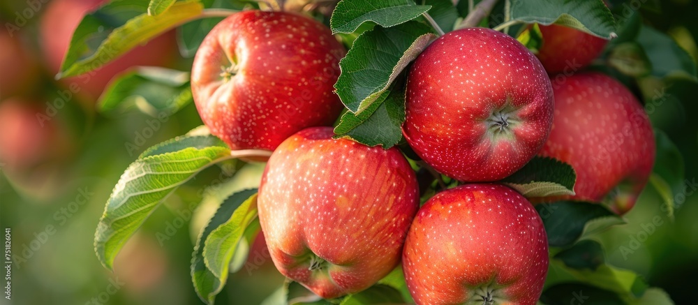 A cluster of ripe red apples hanging from a tree branch. A cluster of ripe red apples hanging from a tree branch.