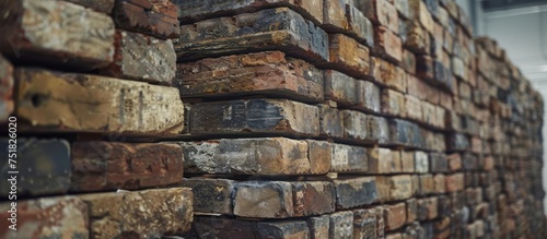 A stack of historic bricks neatly placed on top of a wooden floor, creating a rustic and industrial aesthetic.