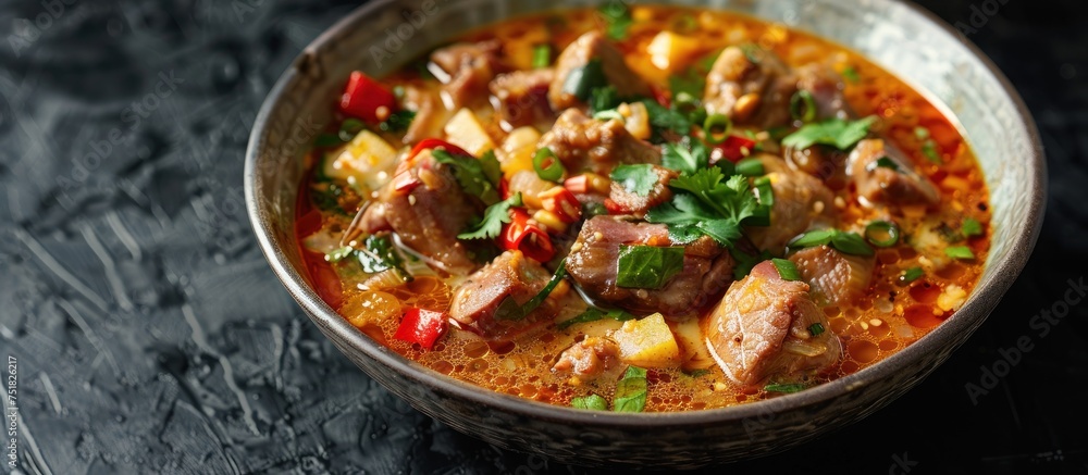 A bowl filled with savory Thai pork leg stew, featuring tender meat and assorted vegetables, placed on a wooden table. A bowl filled with savory Thai pork leg stew, featuring tender meat and assorted vegetables, placed on a wooden table.
