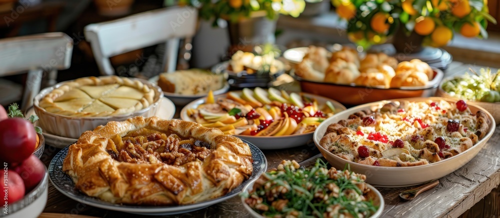 A table overflowing with various types of pies and pie dishes, showcasing a delicious assortment of baked goods.