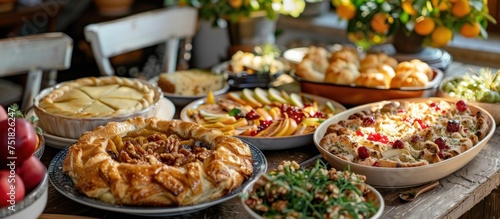 A table overflowing with various types of pies and pie dishes, showcasing a delicious assortment of baked goods.