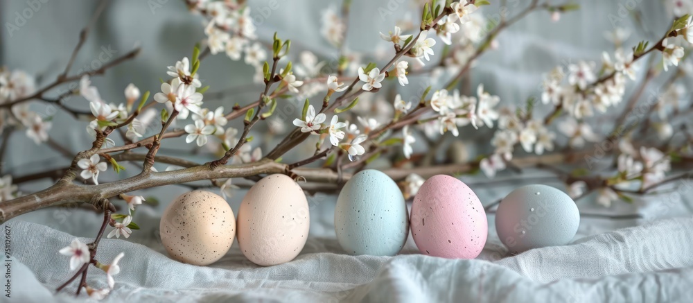 Several eggs of varying sizes are arranged neatly on top of a pastel-colored cardboard table alongside a branch, commonly used as Easter decorations.