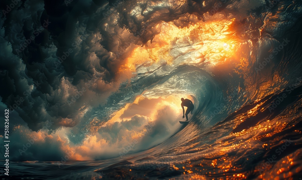 A man gracefully rides a wave on his surfboard in the vast ocean, under the clear sky with scattered clouds. The natural landscape is like a painting, blending water and sky seamlessly