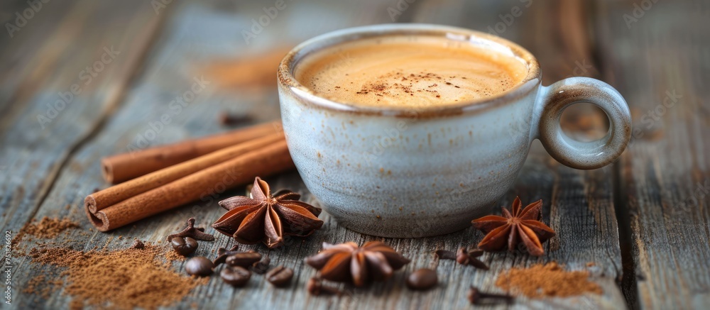 A cup of coffee placed on a weathered wood surface, with cinnamons and star anise scattered around it. A cup of coffee placed on a weathered wood surface, with cinnamons and star anise scattered around it.