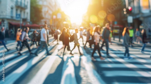 People at a pedestrian crossing. Blurry image of a group of people crossing the street. 