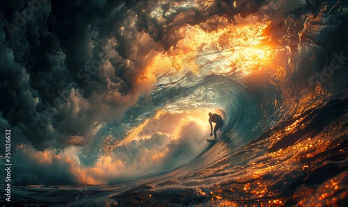 A man gracefully rides a wave on his surfboard in the vast ocean, under the clear sky with scattered clouds. The natural landscape is like a painting, blending water and sky seamlessly © RichWolf