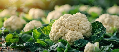 Lush field filled with a bunch of cauliflower plants in various stages of growth.