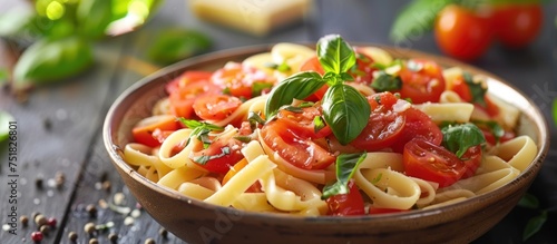 A bowl of al dente pasta topped with fresh tomatoes and basil leaves.