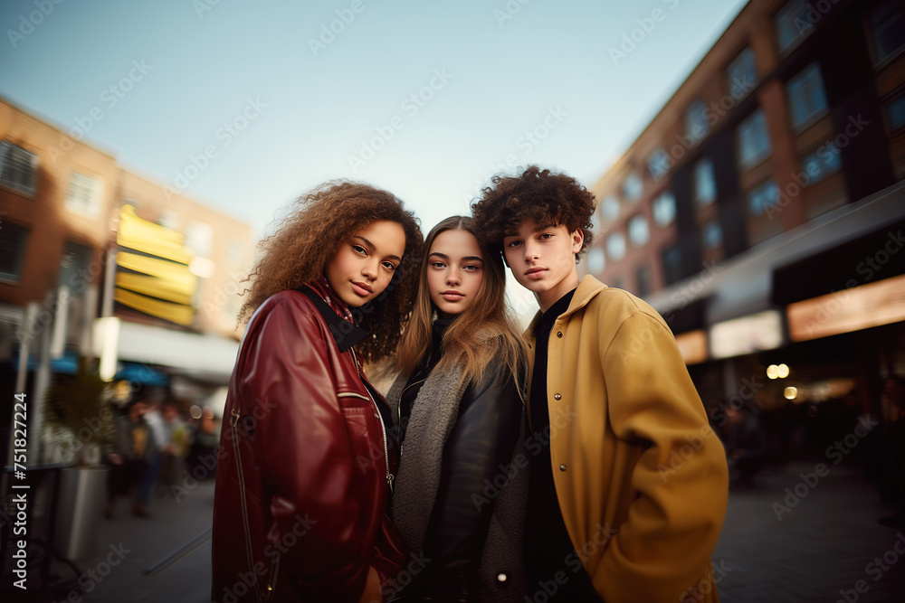 Multiracial group of students looking at camera outdoors. Cool and confident teenagers group of three portrait Multiracial group of students looking at camera outdoors. Cool and confident teenagers group of three portrait