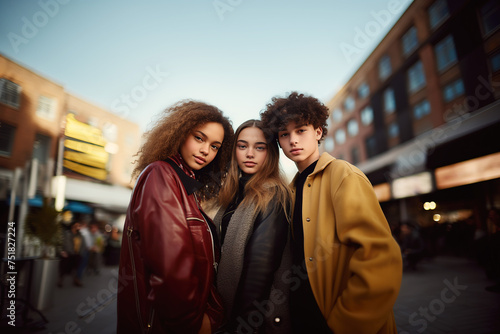 Multiracial group of students looking at camera outdoors. Cool and confident teenagers group of three portrait