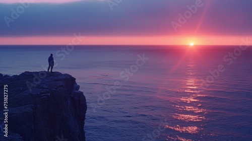 Man gazing at ocean sunset from cliff