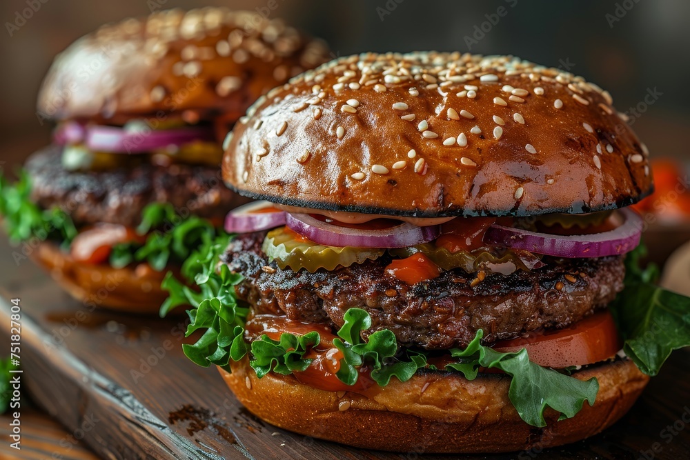 A succulent double burger featuring two beef patties and fresh toppings like lettuce, tomato, and onion A succulent double burger featuring two beef patties and fresh toppings like lettuce, tomato, and onion