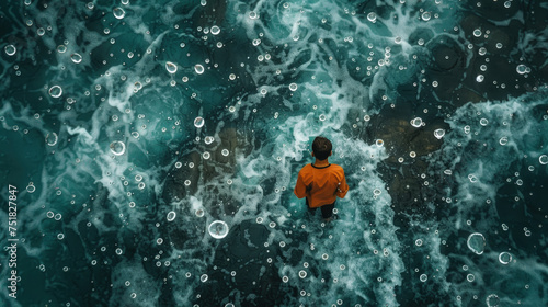 A person standing amidst water, surrounded by a vast expanse of liquid, under a clear sky
