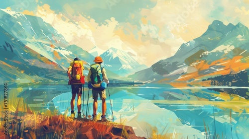 Two adventurers gazing over a serene lake and mountain landscape - digital illustration perfect for travel and adventure themes