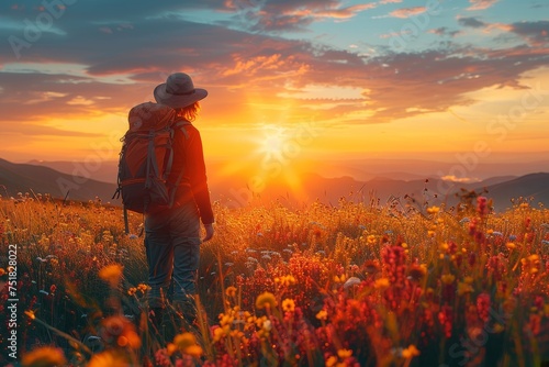 A lone backpacker takes in the serene beauty of a sunset amidst a field of vibrant wildflowers in the wilderness © Pinklife