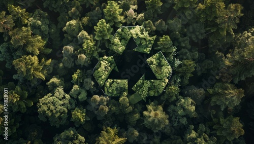 An aerial perspective shows a vast green forest with a natural clearing in the shape of the recycling symbol, merging nature and sustainability efforts symbolic of Earth Day.