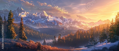 Enchanting sunset over majestic mountains with misty forest, suitable for tranquil and scenic backgrounds
